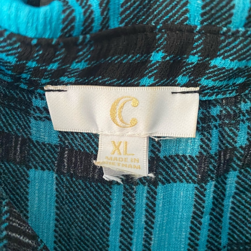 Charming Charlie sleeveless‎ top XL green black print, high low hem, flounce - Picture 3 of 3